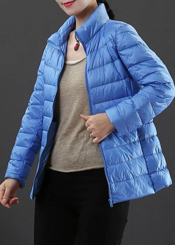 Elegant Long Skirt Style fine plus size winter jacket overcoat light blue stand collar zippered duck down coat