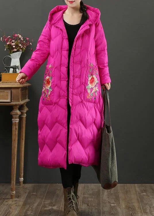 Elegant Feminine Style Fine rose embroidery down jacket woman casual snow jackets hooded Warm overcoat