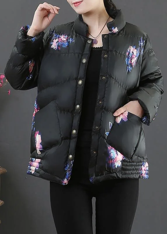 Elegant Small Dress Elegant black print warm winter coat Loose fitting womens parka stand collar pockets Fine overcoat