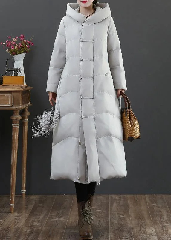 Elegant And Intellectual Style Warm light gray duck down coat plus size winter jacket hooded zippered Elegant overcoat