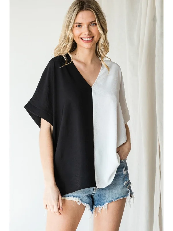 Elegant And Generous Duo-Tone V-Neck Shift Top