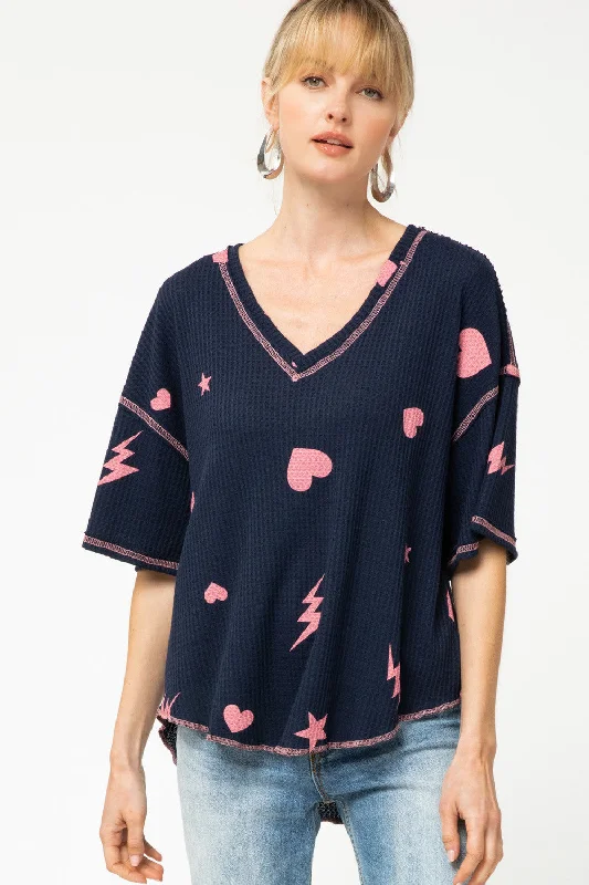 Romantic Chiffon Style Navy & Pink Waffle Knit Top