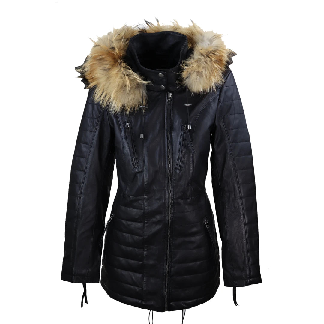 Elegant Slim Skirt Women's Leather Black Trench Mid Length Hood Raccoon Fur Winter Jacket