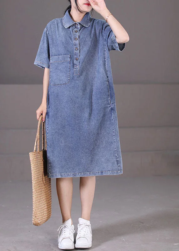 Sports Jumpsuit Diy Denim Blue Turn-down Collar Button Pockets Cotton Maxi Dresses Short Sleeve