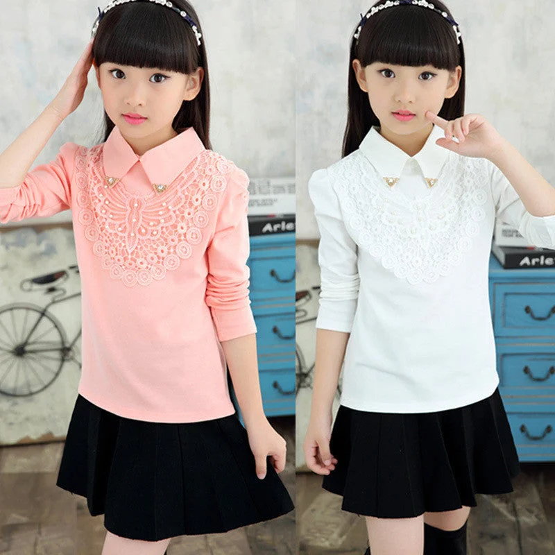 Gorgeous Crystal Design Girls Blouses Spring Autumn Children Clothing Turn-Down Collar Girl Princess Shirts Pearl Child Lace Bottoming Shirt 3-12Y