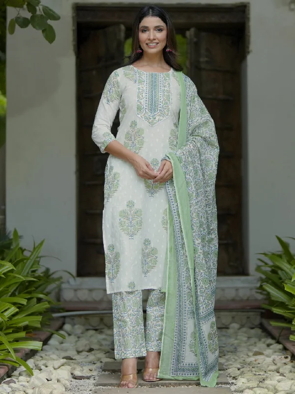 Sports Yoga Style Off White Printed Cotton Straight Suit With Dupatta