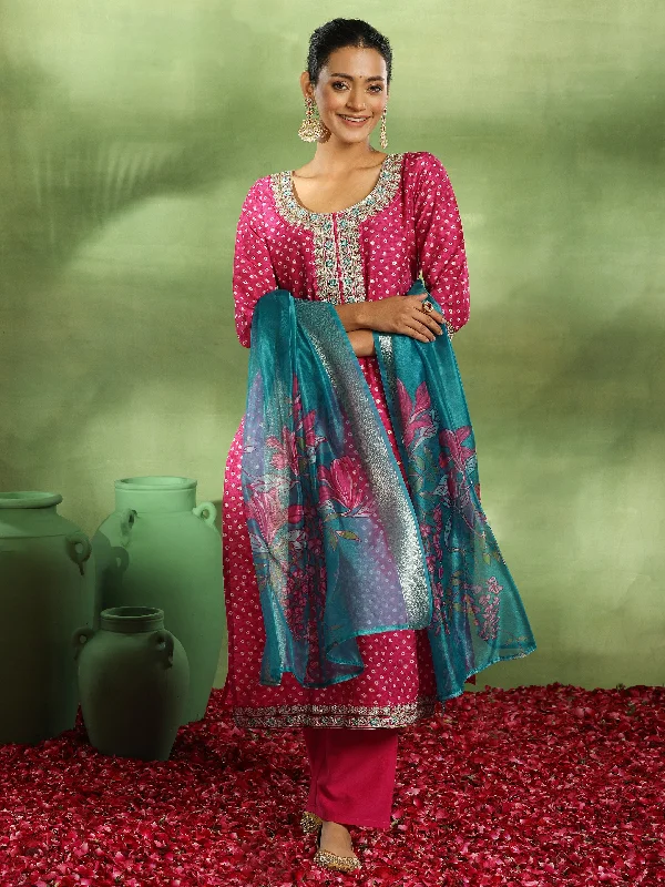 Simple Fashion Pink Printed Silk Blend Straight Suit With Dupatta