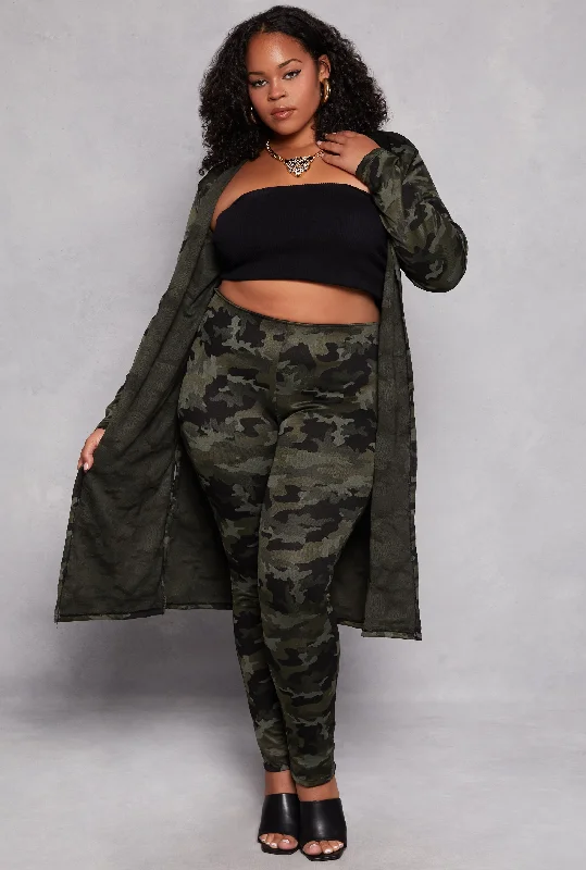 Rock Leather Jacket Plus Size Camo Print Duster