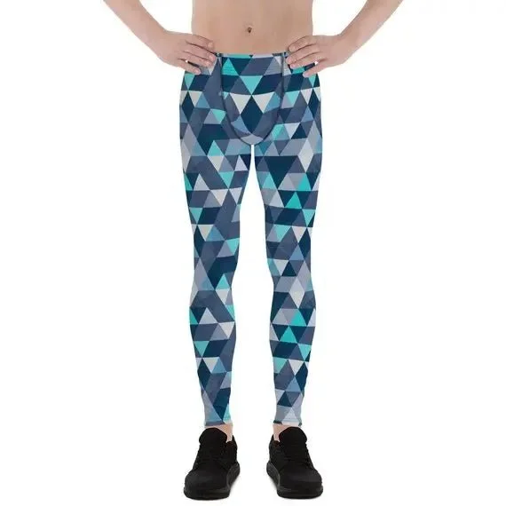 Simple Daily Wear Men's Blue Geometric Triangles Mens Leggings - Moisture Wicking, Quick Drying, Compression Fit