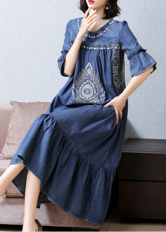 Simple Casual Feeling Plus Size Blue O-Neck Embroideried Ruffles Cotton Denim Dress Flare Sleeve