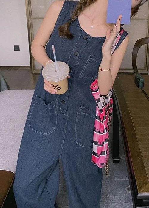 Casual Sports Suit New Blue Button Pockets Denim Jumpsuit Sleeveless