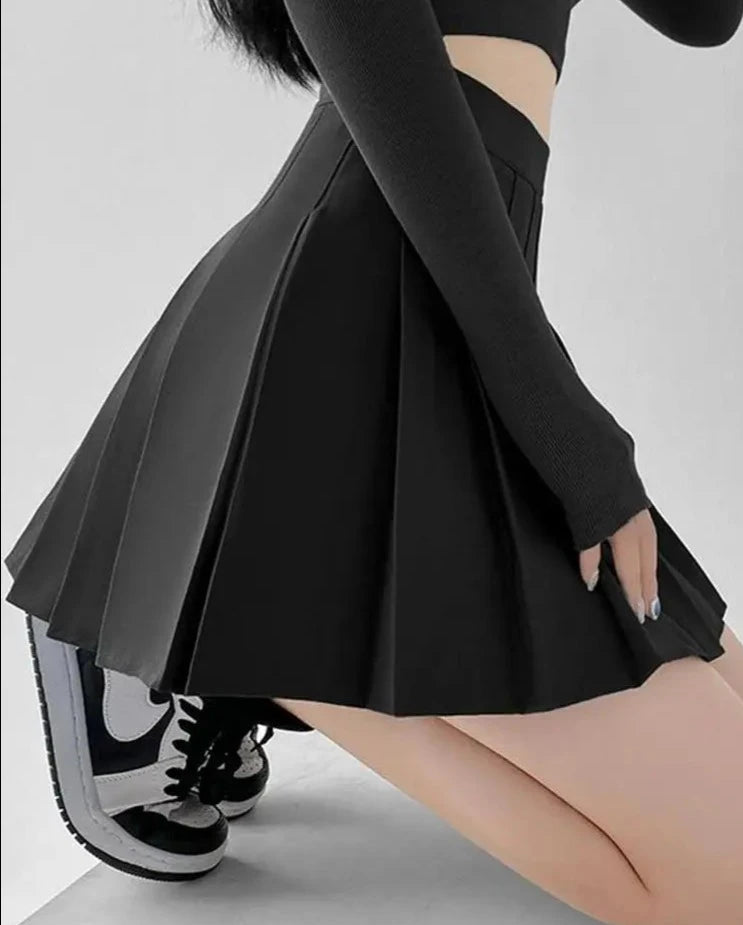 Rock Black Style High Waist Women Mini Skirt Summer Slim A Line Pleated Skirt Fashion Button