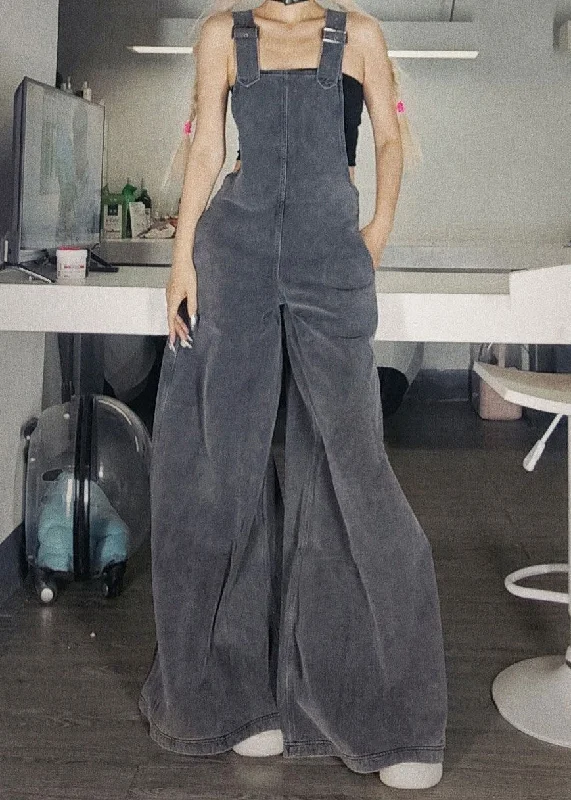 Romantic Pastoral Style New Grey Zippered Pockets Denim Jumpsuit Sleeveless