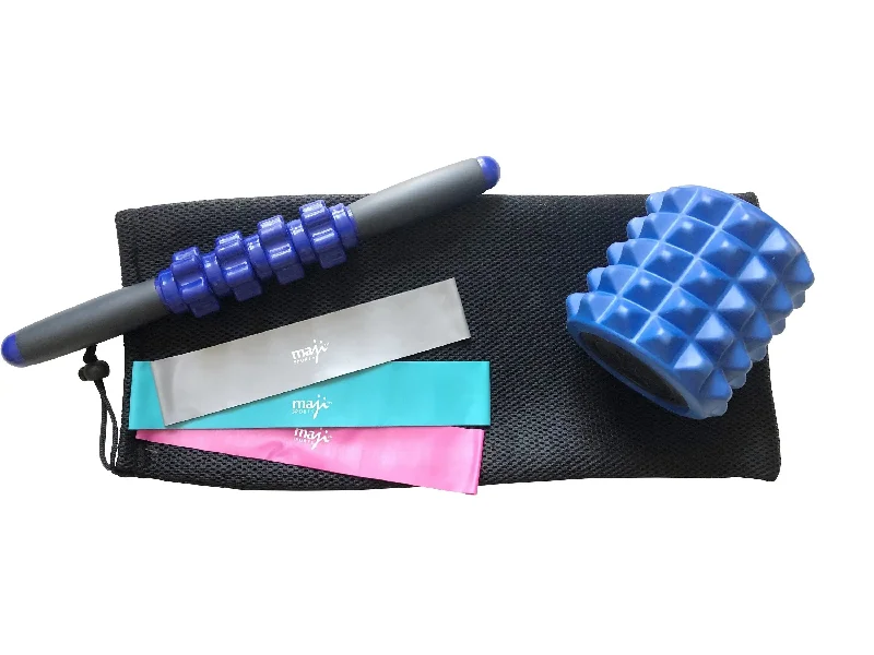 Gorgeous Shining Design RESISTANCE BAND BUNDLE: 3 Resistance Bands, Foam Roller Stick & Travel Roller