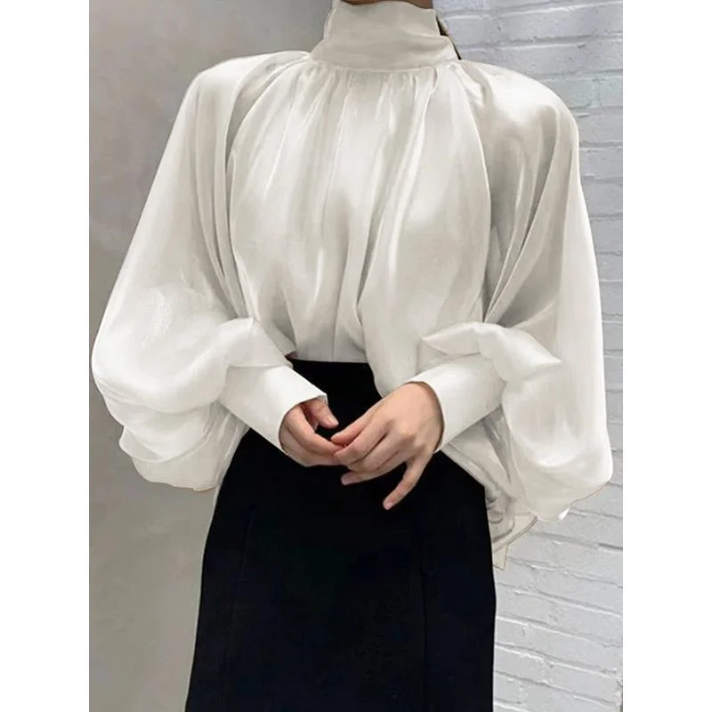 Gorgeous Silk Skirt Black and White High Neck Women Long Sleeves Shirts