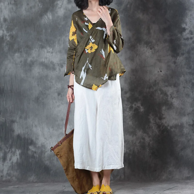 Simple And Generous Style stylish green print linen tops oversize traveling blouse fine half sleeve v neck tie waist linen blouses