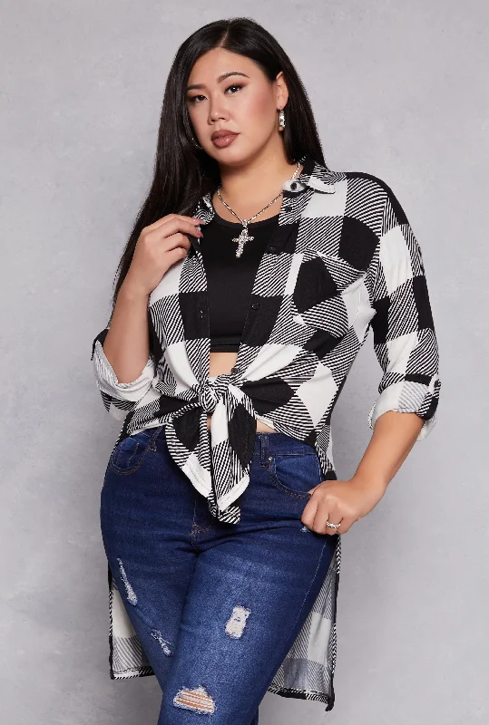 Romantic Chiffon Style Plus Size Plaid Tie Front High Low Top