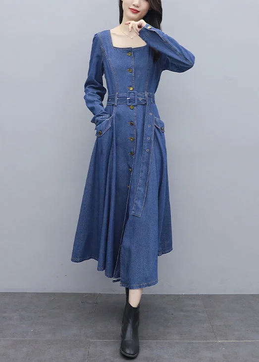 Simple Fashion Style Italian Blue Solid Square Collar Button Pockets Sashes Cotton Denim Long Dresses Long Sleeve