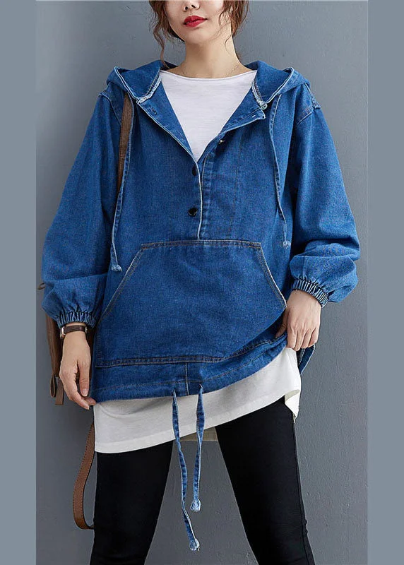 Gorgeous Crystal Design Unique Blue Denim Button Pockets hooded Fall Long sleeve Top