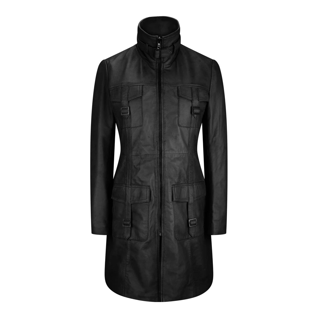 Elegant And Unique Design Black Tan Women's Woman's Soft Washed Leather Jacket Trench Coat