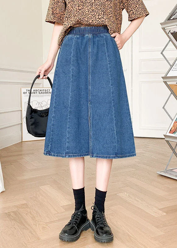 Sports High Waist Style Boutique Denim Blue Solid Elastic Waist Side Open Cotton A Line Skirt Summer