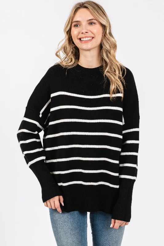 Elegant Interpretation Design Black Striped Drop Shoulder Sweater