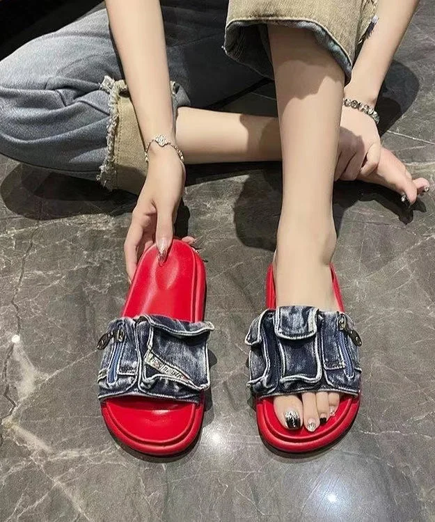 Elegant And Unique Design Stylish Blue Denim Platform Slide Sandals Peep Toe