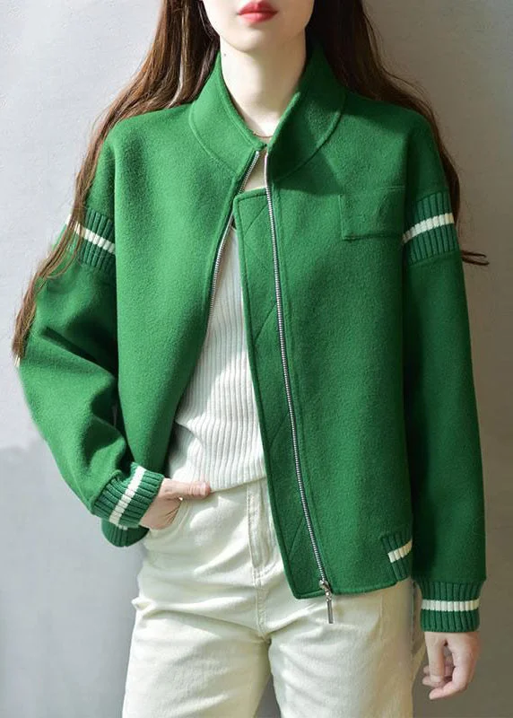 Simple Cotton Style Casual Green Stand Collar Zip Up  Patchwork Woolen Coats Fall