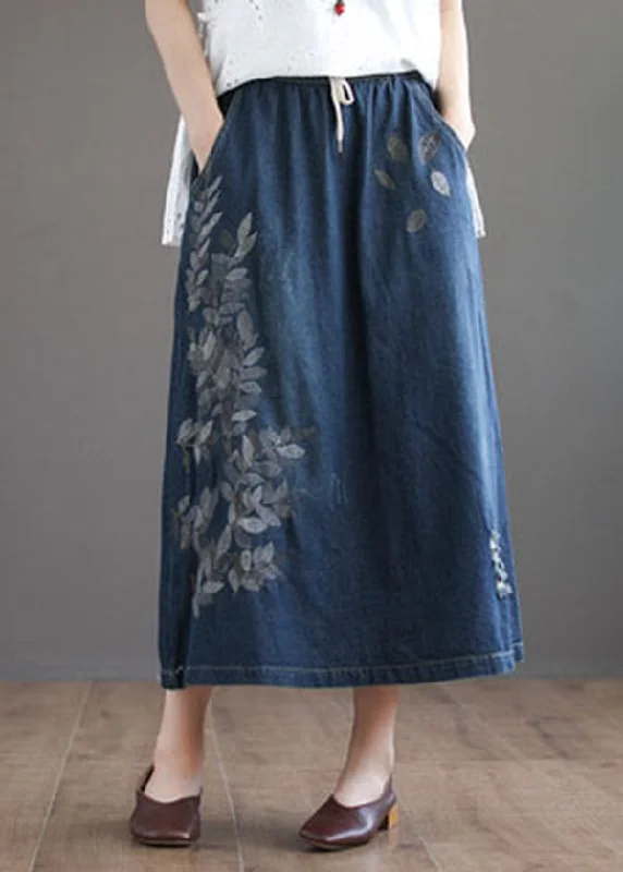 Romantic Lace Skirt Dark Blue Pockets Cotton Denim Skirt Elastic Waist Ripped Summer