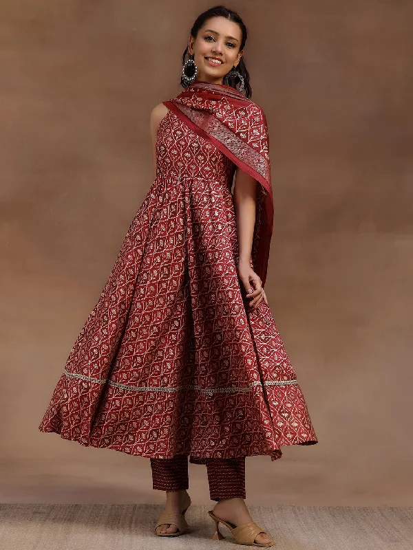 Elegant Long Skirt Style Rust Printed Silk Blend Anarkali Suit With Dupatta