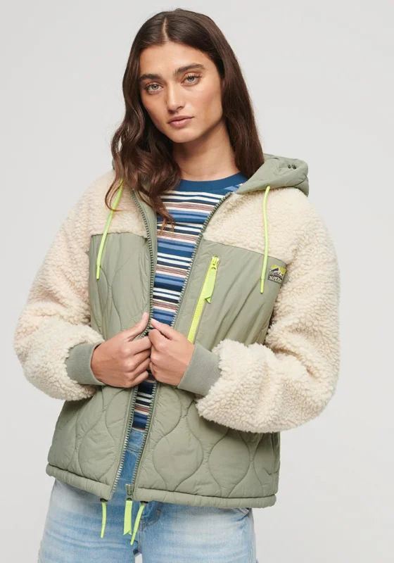 Rock Ripped Design Superdry Womens Sherpa Quilted Hybrid Jacket, Vintage Khaki.