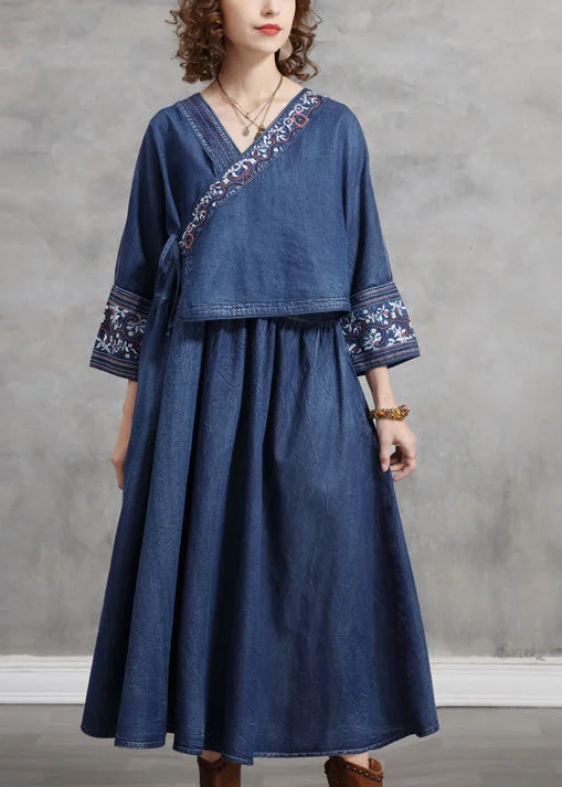 Elegant And Luxurious Feeling Plus Size Blue Embroideried Asymmetrical Design Tie Waist Cotton Denim Dresses Bracelet Sleeve