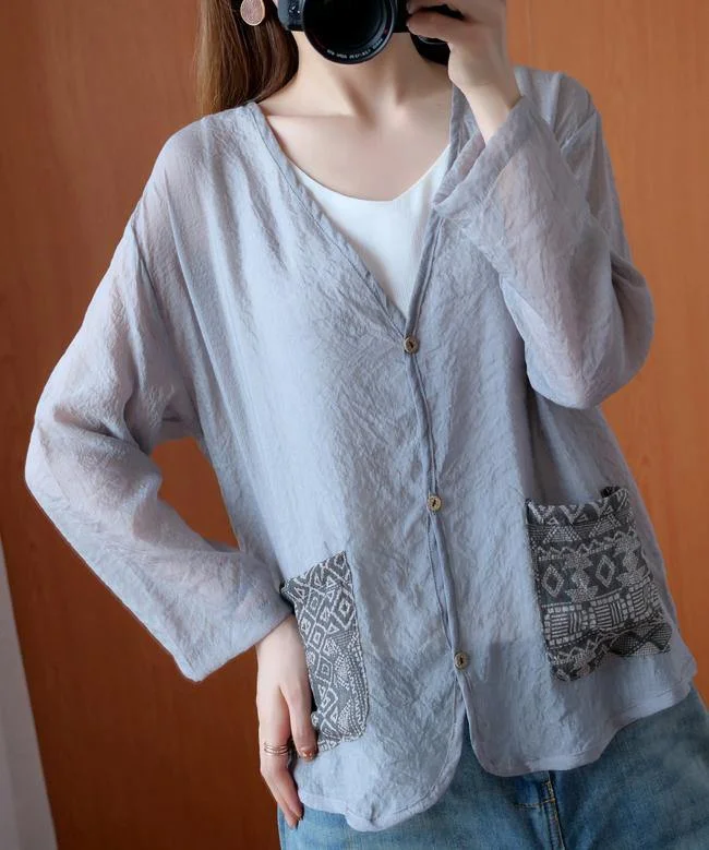 Casual Matching Style Unique gray tops women blouses v neck Button Down daily blouse