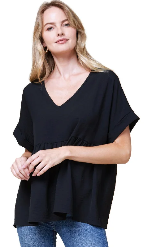 Elegant And Unique Design Textured Babydoll Top, Black