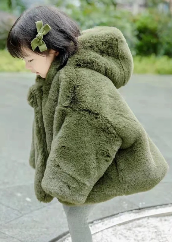 Gorgeous Evening Style New Green Hooded Button Fuzzy Fur Girls Coat Spring