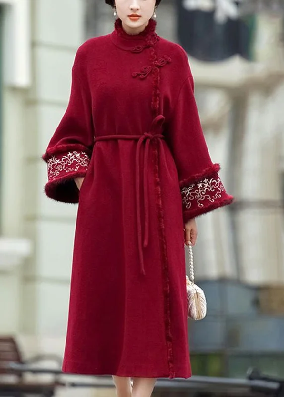 Elegant Small Dress Original Design Mulberry Pockets Lace Up Patchwork Woolen Trench Winter