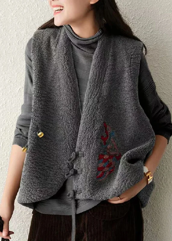 Simple Casual Wear Boho Grey V Neck Chinese Button Patchwork Wool Vest Sleeveless