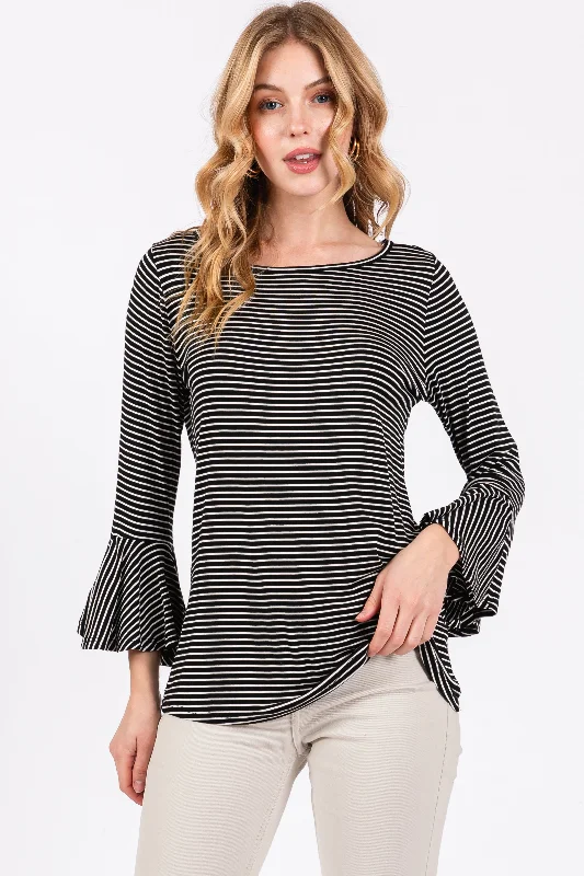 Gorgeous Glitter Feeling Black Striped 3/4 Sleeve Top