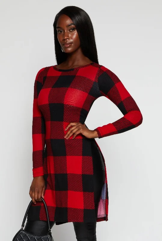 Rock Classic Style Plaid Long Sleeve Side Slit Tunic Top