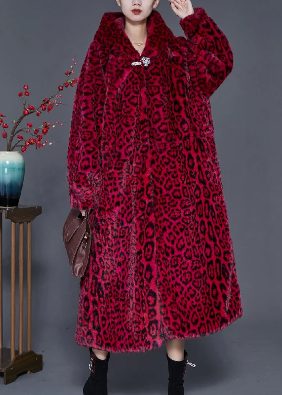 Simple Casual Feeling Style Red Hooded Print Faux Fur Coat Spring