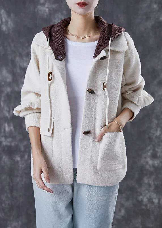 Sports Tops Elegant White Hooded Patchwork Ruffled Woolen Coats Spring