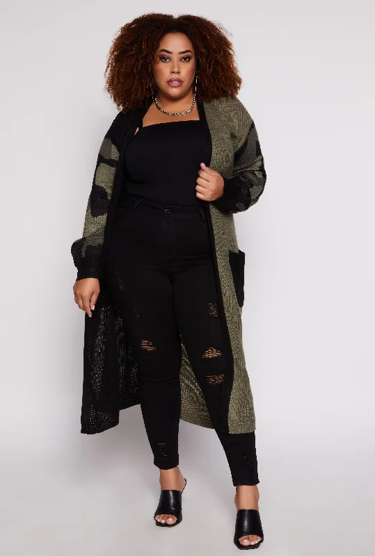 Gorgeous Process Design Plus Size Camo Color Block Knit Duster