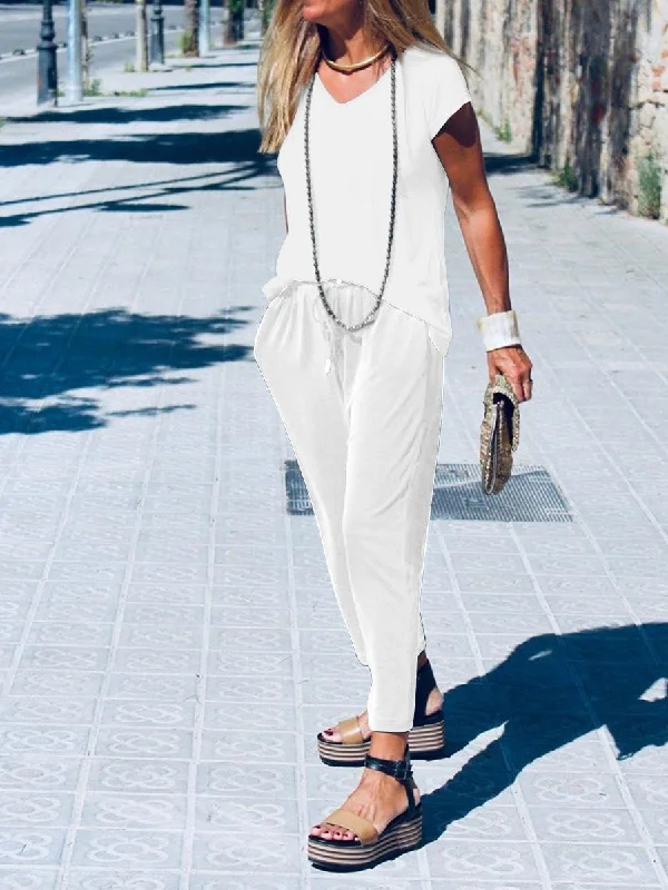 Rock Short Style Simple casual loose short sleeve top pants suit