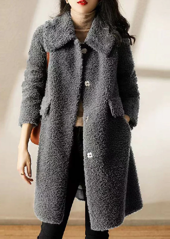 Rock Zipper Style Classy Grey Peter Pan Collar Pockets Patchwork Wool Trench Winter