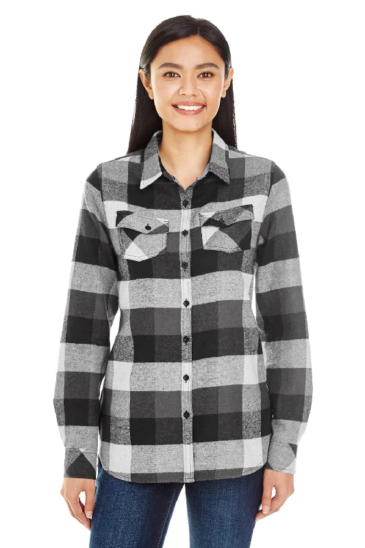 Casual Summer Style Burnside Womens Boyfriend Flannel Long Sleeve Button Down Shirt w/ Double Pockets - Black