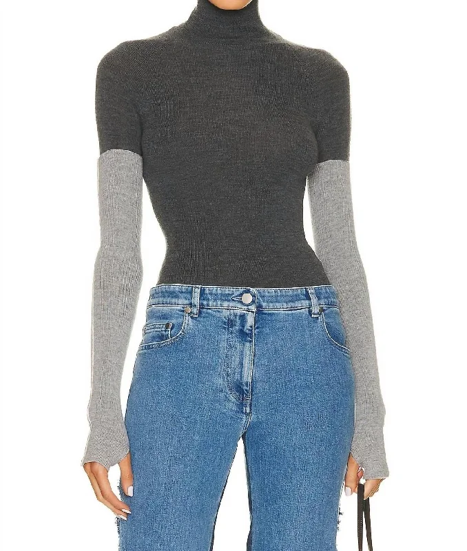 Rock Leggings Combo Sleeve Turtleneck Sweater In Cool Grey/light Grey Sleeves