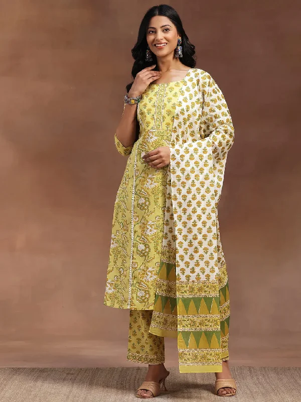 Gorgeous Deep V Skirt Yellow Printed Cotton Straight Suit With Dupatta