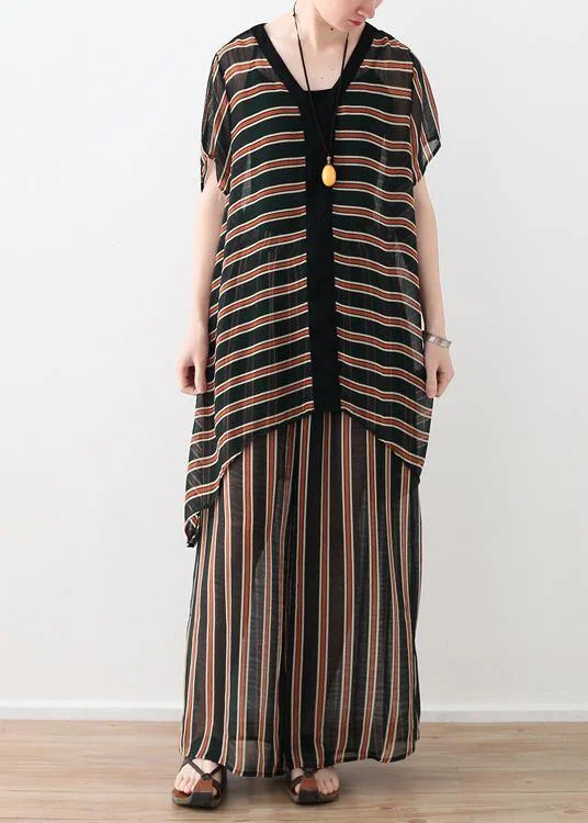 Elegant Lapel Style Summer Loose Size Striped Chiffon Shirt