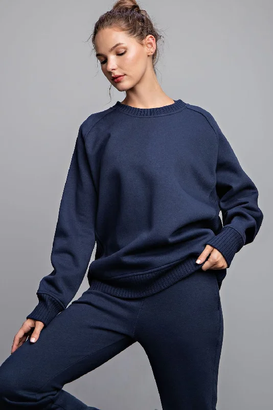 Gorgeous Deep V Skirt Navy Blue Pullover Terry Crewneck