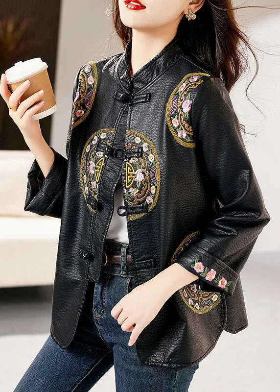 Rock Street Items Loose Black Stand Collar Embroidered Chinese Button Faux Leather Jacket Fall